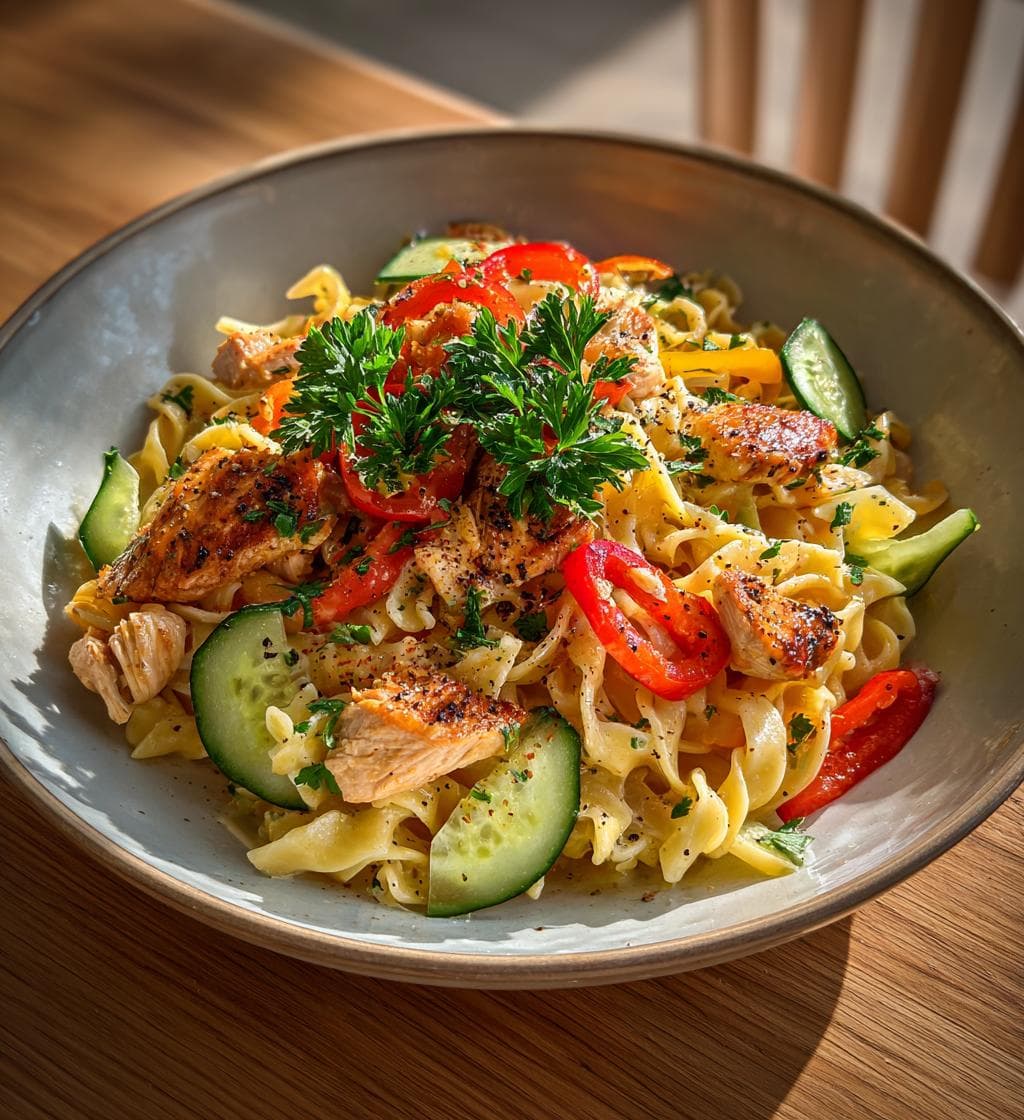 Kall pastasallad med kyckling och grönsaker – En fräsch och mättande rätt