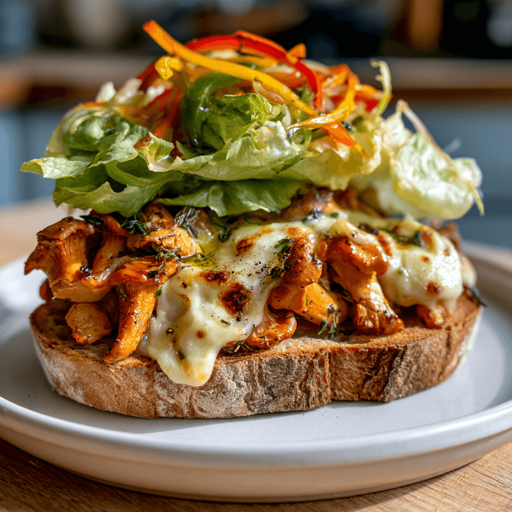 Varm kantarellmacka med smält ost och fräsch sallad