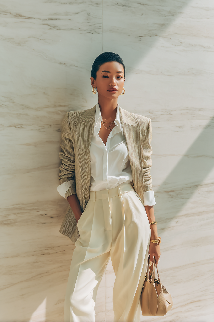 A fashion-forward woman in a fitted beige tailored blazer, crisp white blouse, and high-waisted cream trousers, accessorized with a sleek leather handbag and minimalist gold jewelry, standing against a soft marble background, soft natural window light illuminating her elegant stance --ar 2:3 --v 7 --style raw