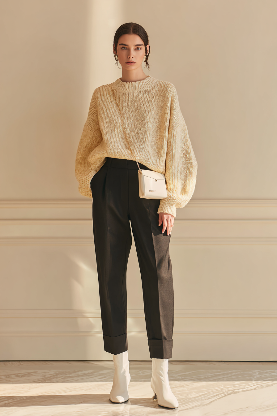 A full body image of a model wearing a soft beige oversized knit sweater paired with structured black high-waisted trousers. Complete the look with white ankle boots and a minimal crossbody bag, set against a clean cream wall background. The lighting is soft and natural, enhancing the warm tones of the outfit.