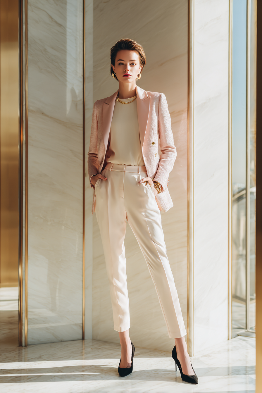 A full-body, elegant model standing confidently in a light cream tailored trouser suit, complemented by a fitted blush pink structured blazer. The outfit is finished with classic black pointed-toe heels and minimal gold accessories.