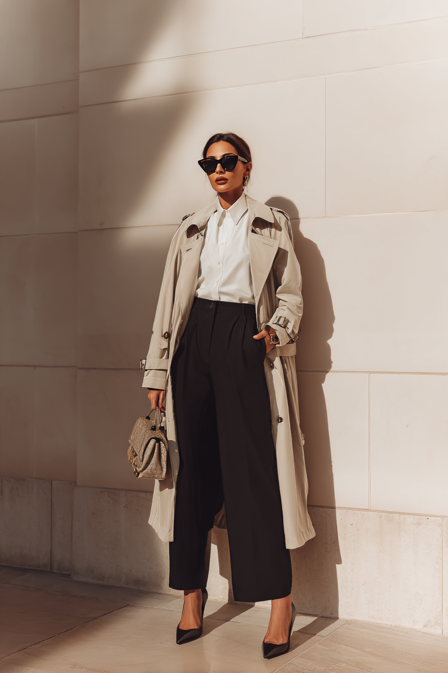A woman in a tailored beige trench coat over a fitted white blouse, paired with high-waisted black wide-leg trousers and pointed toe flats, accessorized with a structured handbag and stylish sunglasses, standing against a softly blurred cream wall, exuding an elegant and confident aura --ar 2:3 --v 7 --style raw