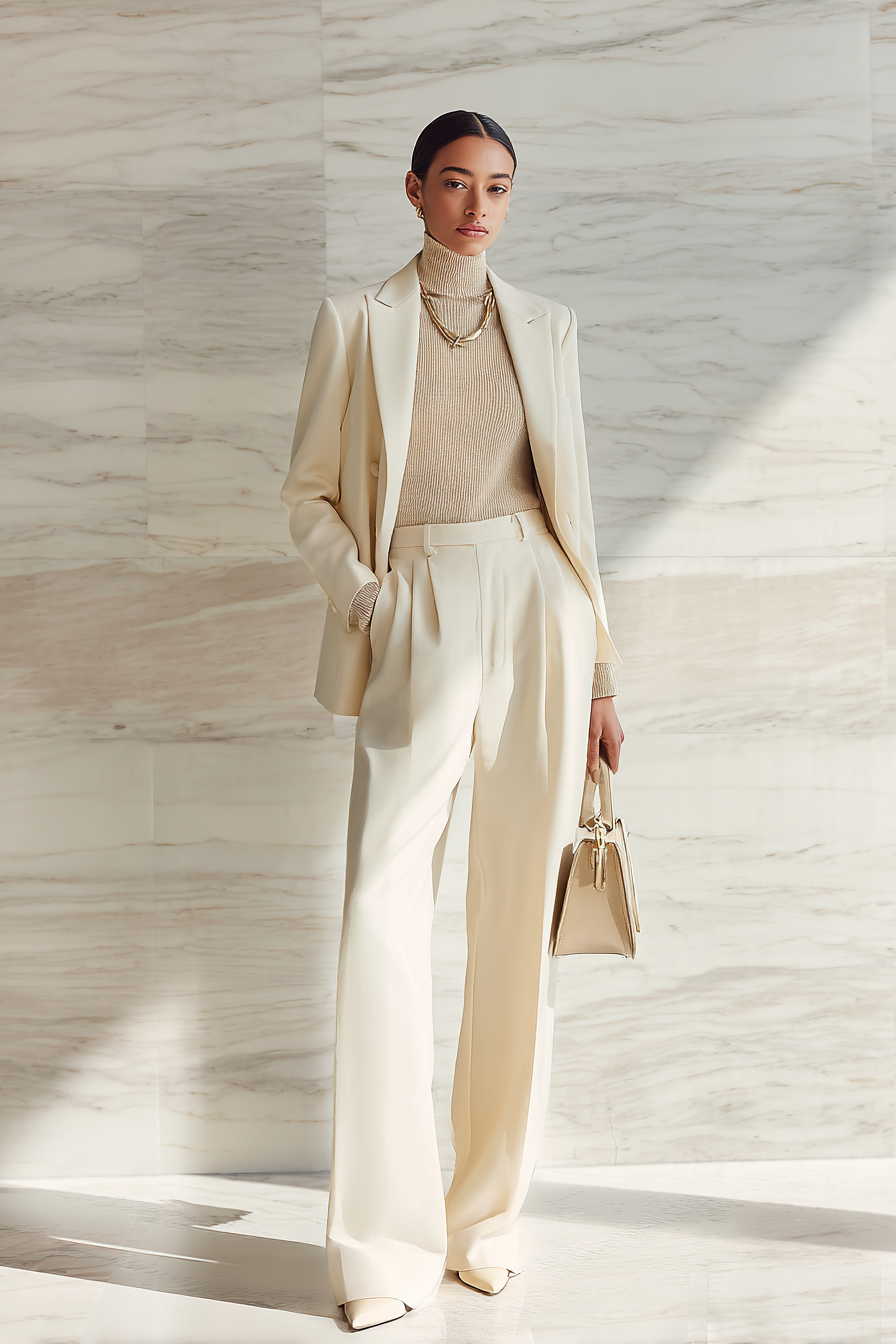 A full-body model wearing a tailored ivory blazer and wide-leg cream trousers, paired with a soft cashmere turtleneck in beige. The outfit is accessorized with a simple gold necklace and structured handbag. Captured in soft natural window light against a minimalist marble background, the look radiates effortless elegance. --ar 2:3 --v 7 --style raw