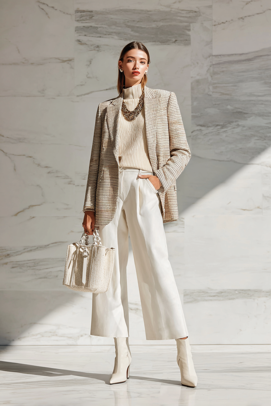 A fashionable woman in an elegant tailored blazer, soft cashmere sweater, and wide-leg trousers, complemented by a statement necklace and structured handbag. The look is completed with sophisticated ankle boots, creating a chic and timeless outfit. The model stands confidently in soft natural window light against a marble background, reflecting effortless elegance --ar 2:3 --v 7 --style raw