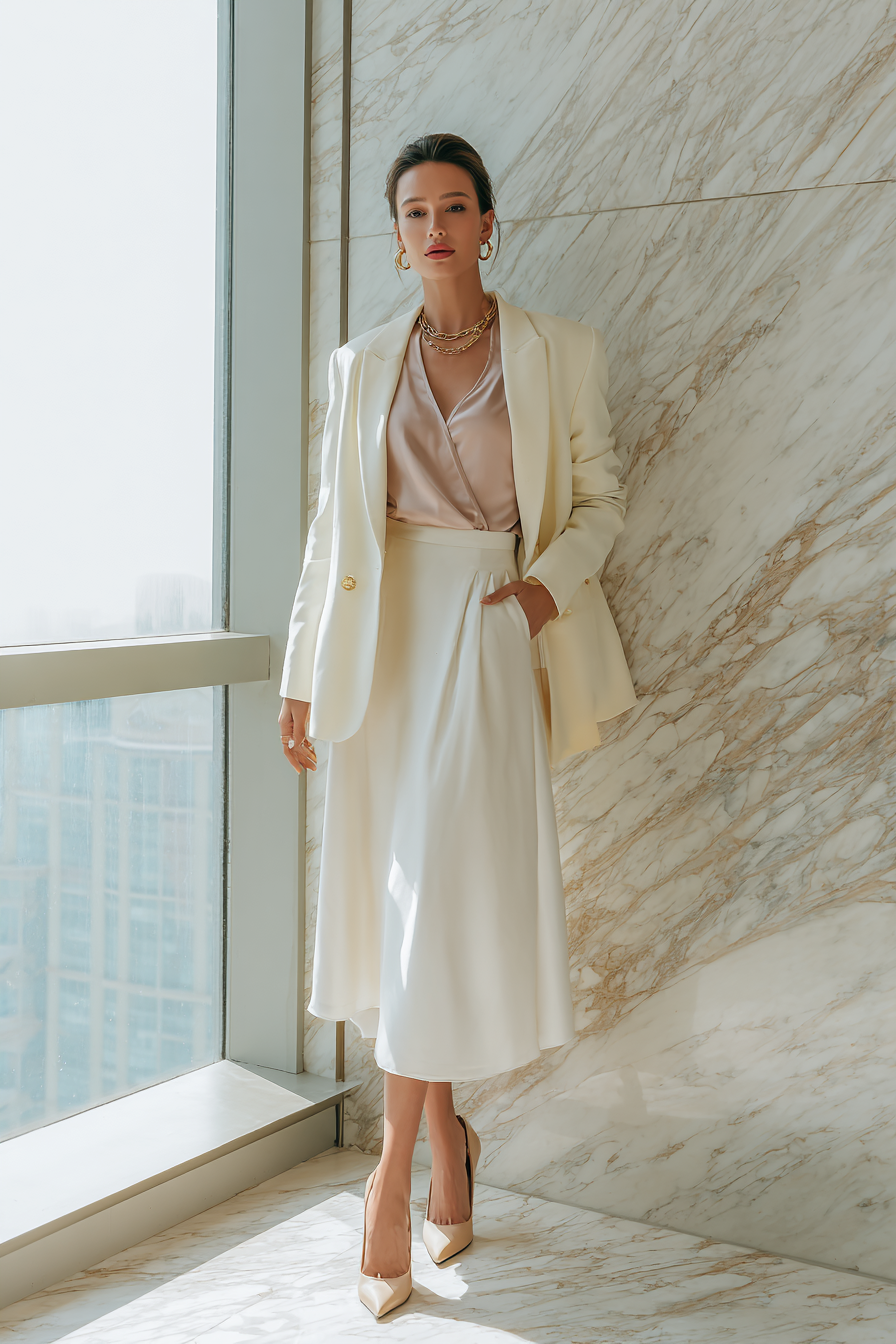 A woman in a structured cream blazer layered over a soft blush satin blouse, paired with a flowing ivory midi skirt and pointed-toe beige heels. She accessorizes with a delicate gold necklace and minimalist stud earrings. The scene is lit by soft natural window light, set against a clean marble background, capturing an effortlessly elegant atmosphere --ar 2:3 --v 7 --style raw