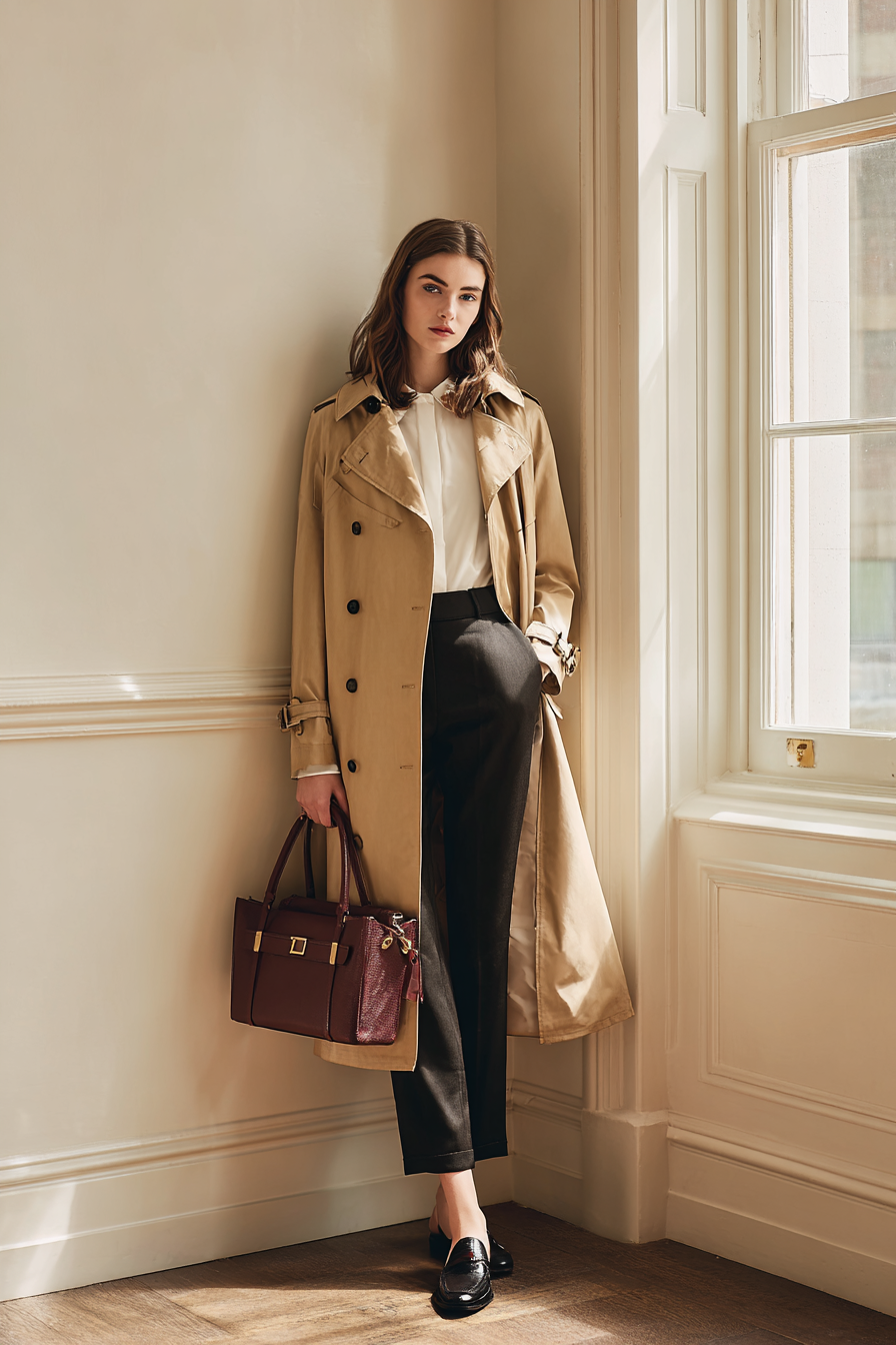An elegant woman in a tailored camel trench coat over a fitted white blouse, paired with classic black tailored trousers and chic loafers. Accessories include a structured handbag in burgundy. The setting features soft natural window light against a cream wall background, embodying a sophisticated and effortlessly elegant mood. --ar 2:3 --v 7 --style raw