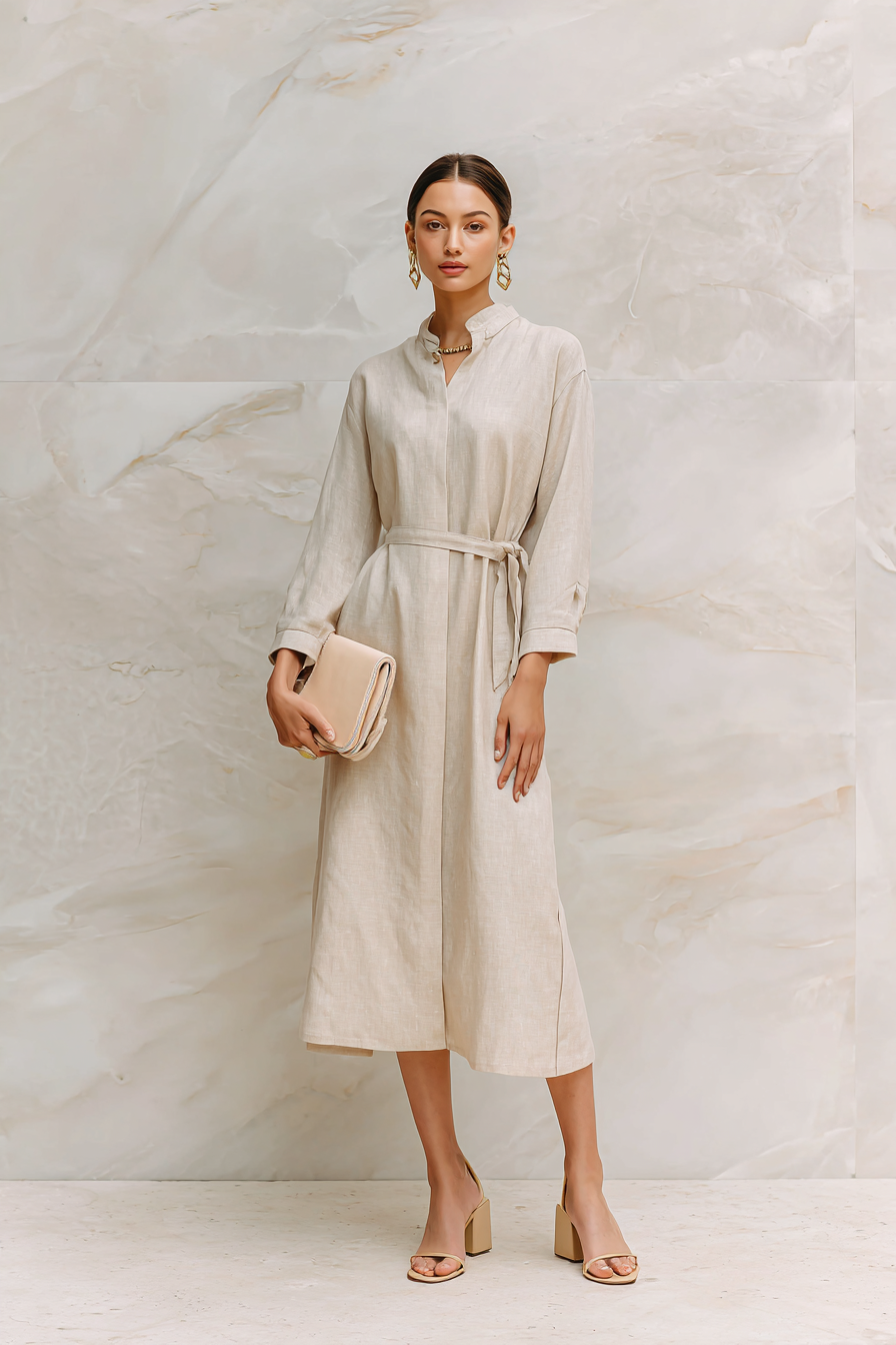 A woman wearing an elegant, tailored light beige linen dress with a flowing silhouette, complemented by beige block-heeled sandals. She accessorizes with delicate gold jewelry and a soft pastel clutch. Set against a clean marble backdrop with soft natural light, showcasing her relaxed elegance and confidence. --ar 2:3 --v 7 --style raw