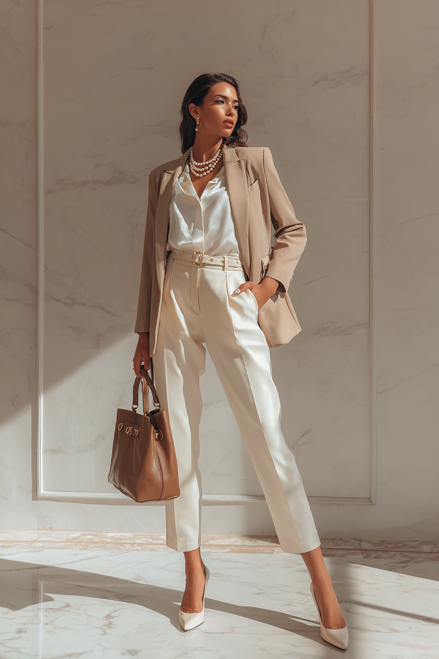 A full-body model in a tailored beige blazer with a silk white blouse, high-waisted tailored trousers in cream, and classic pointed-toe heels. Accessories: a pearl necklace and a leather handbag. Soft natural window light, neutral marble background, elegant posture, aspirational mood --ar 2:3 --v 7 --style raw