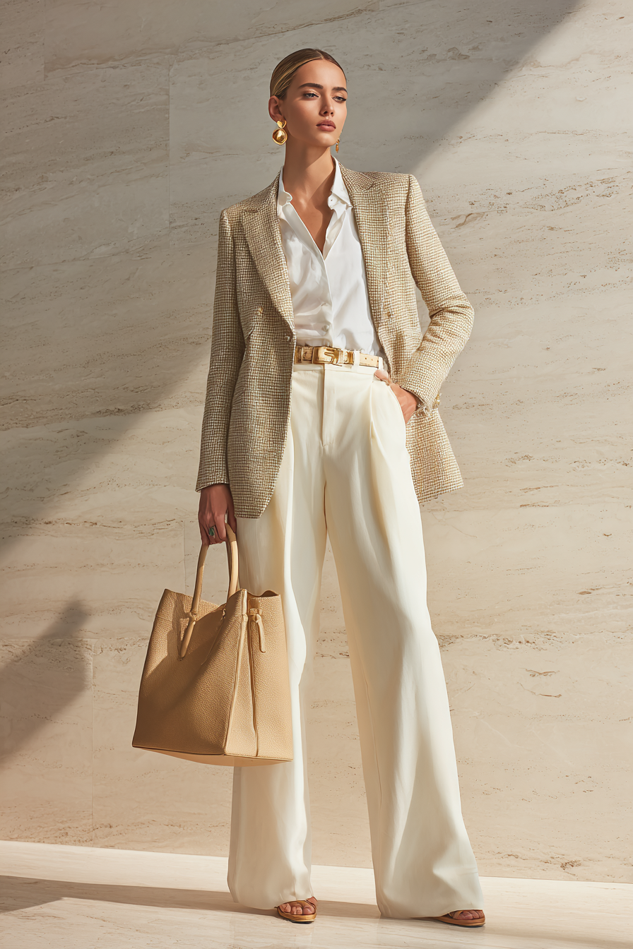 A stylish look featuring a tailored beige blazer over a fitted white blouse, paired with high-waisted wide-leg trousers in soft cream. Accessorized with minimalist gold earrings and a structured tote bag in tan leather. The model stands confidently with elegant posture in a bright, soft-window lit setting against a marble background --ar 2:3 --v 7 --style raw