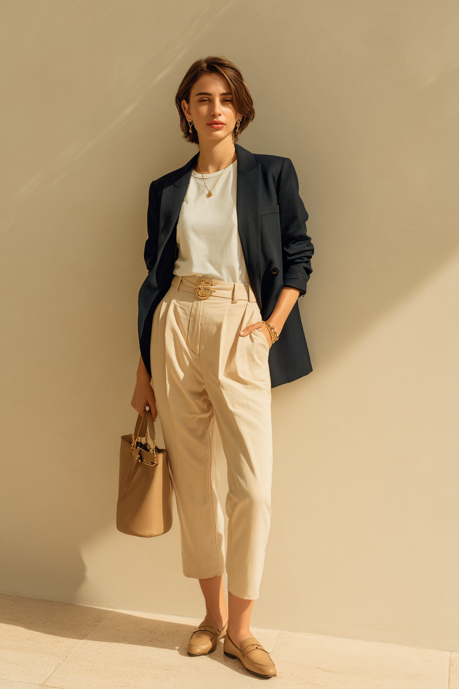 A model wearing a tailored navy blazer over a soft white tee paired with high-waisted beige trousers and elegant loafers. She accessorizes with a minimalist leather handbag and delicate gold jewelry. The photo is shot in soft natural window light against a cream wall background, conveying an aspirational and luxurious mood --ar 2:3 --v 7 --style raw