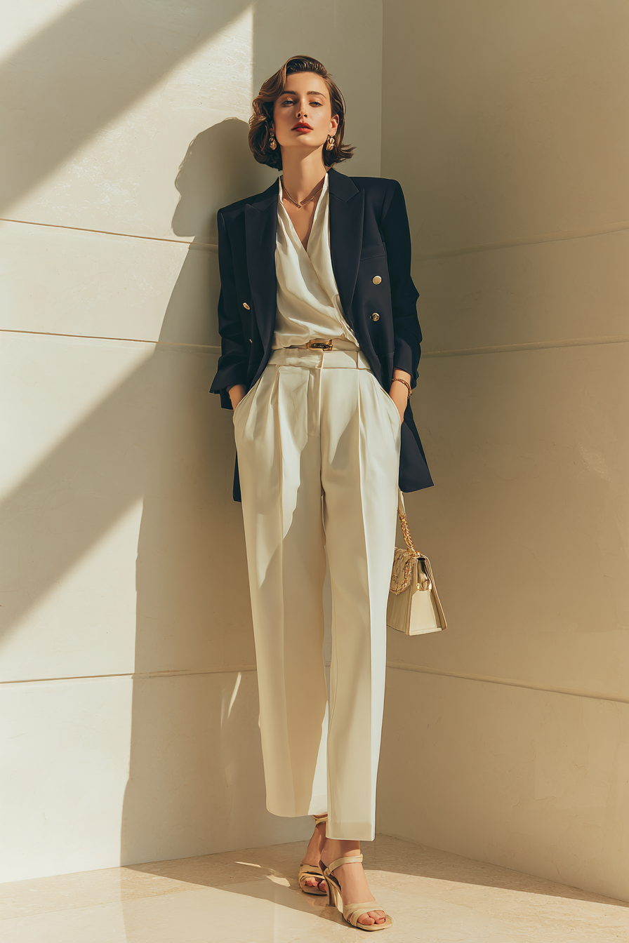 An elegant woman wearing a tailored navy blazer over a white silk blouse, paired with high-waisted wide-leg trousers in beige and strappy beige block-heeled sandals. She accessorizes with minimal gold jewelry and a structured handbag. The setting features soft natural window light against a clean cream wall, creating an aspirational, luxurious mood. --ar 2:3 --v 7 --style raw