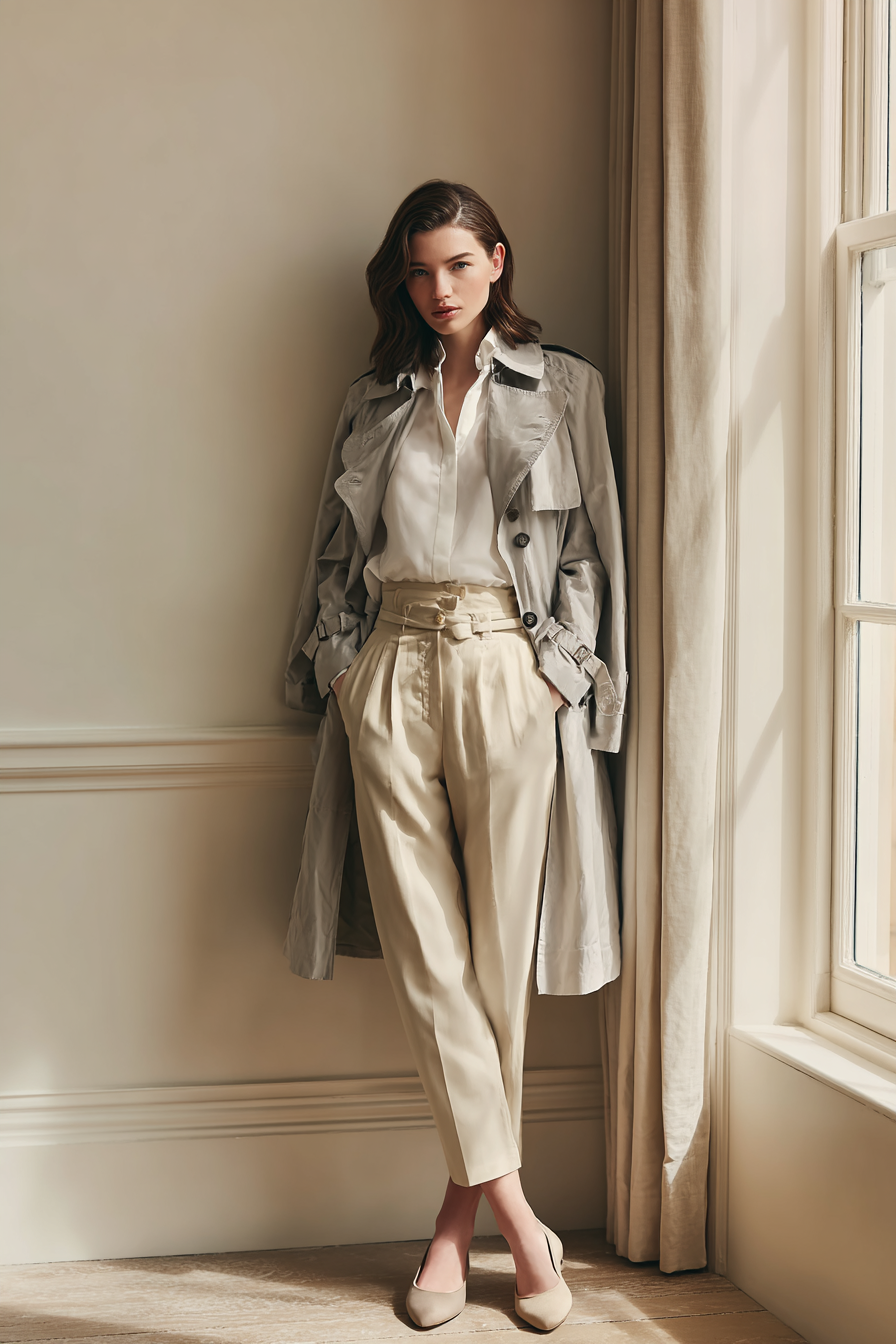A chic outfit featuring a light grey tailored trench coat over a crisp white fitted blouse, paired with beige high-waisted trousers and beige ballet flats. The model is posed elegantly, showcasing the outfit in soft natural window light against a minimal cream wall background, embodying effortless elegance --ar 2:3 --v 7 --style raw