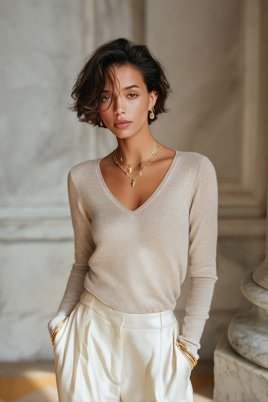 A model in a fitted beige cashmere sweater and tailored ivory trousers, accessorized with delicate gold jewelry, exuding sophistication in soft natural light against a marble background, capturing an effortless chic vibe --ar 2:3 --v 7 --style raw