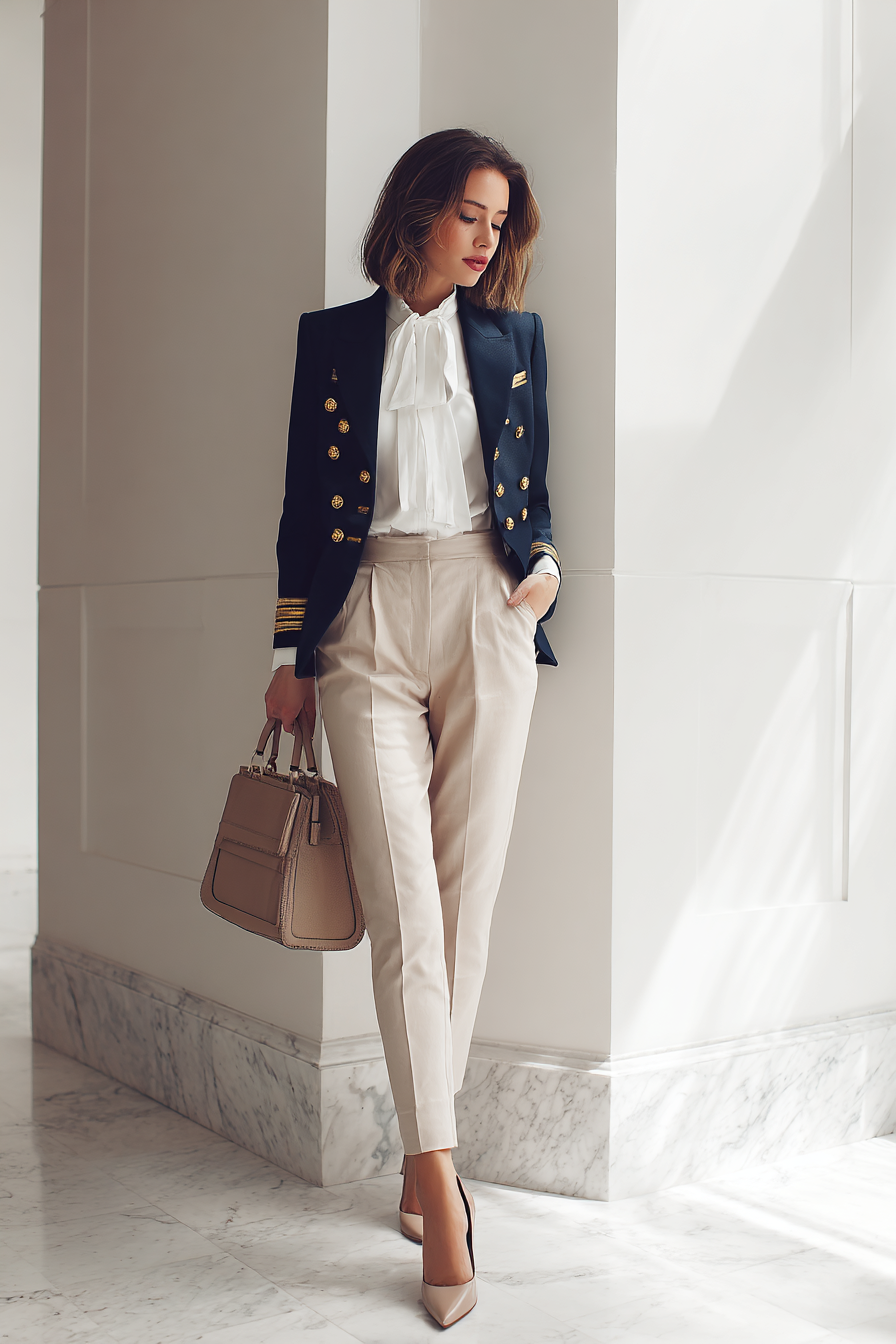 An elegant woman in a tailored navy blazer with gold-button details, paired with a crisp white blouse and high-waisted beige trousers. She accessorizes with a structured leather handbag and classic pointed-toe pumps. The setting features soft natural window light against a clean marble background, highlighting her sophisticated look. --ar 2:3 --v 7 --style raw