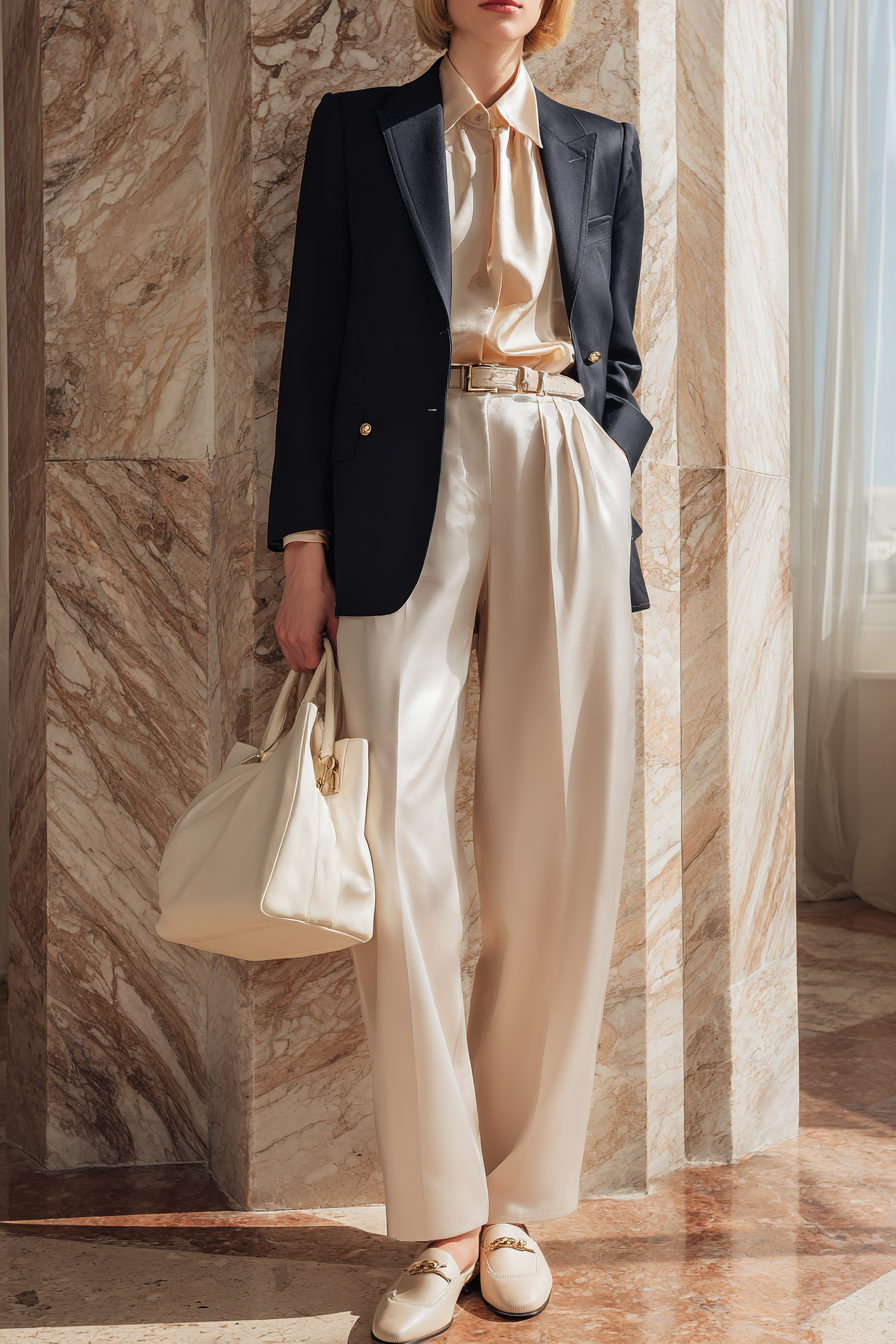 A chic outfit featuring a tailored navy blazer over a cream silk blouse, paired with high-waisted wide-leg trousers in soft beige. Accessorized with a cream leather handbag and classic loafers. The model stands elegantly against a marble backdrop with soft natural window light. --ar 2:3 --v 7 --style raw