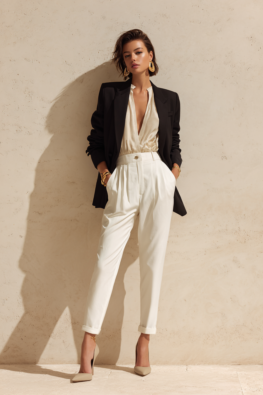 A stylish mob wife look featuring a tailored black blazer over a creamy silk blouse, paired with fitted high-waisted white trousers and elegant pointed-toe heels. The model accessorizes with golden hoop earrings and a delicate bracelet. Shot in soft natural light against a neutral cream wall background, creating an aspirational and sophisticated atmosphere --ar 2:3 --v 7 --style raw