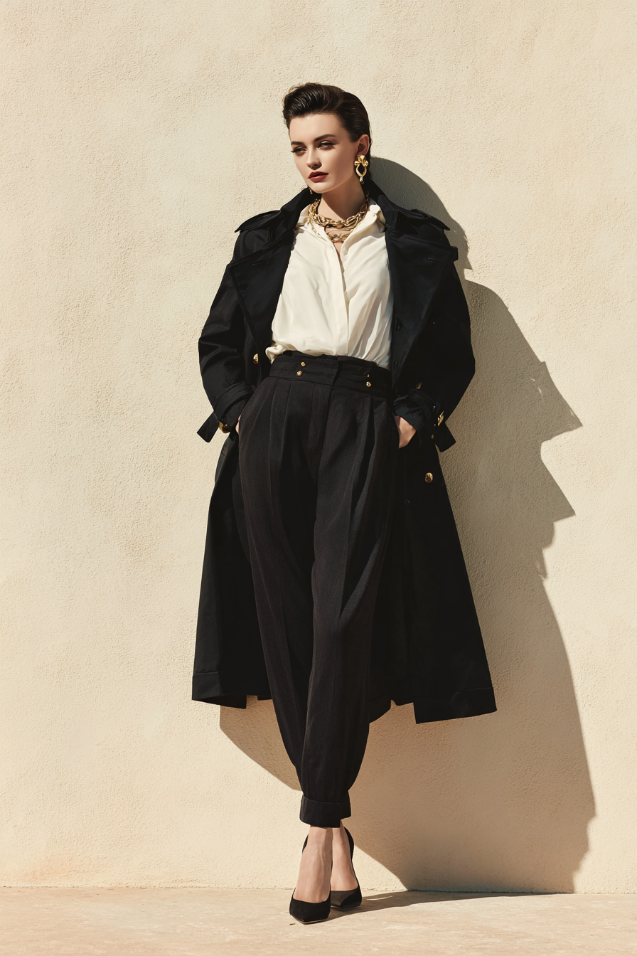 An elegant full-length outfit featuring a tailored black trench coat over a fitted white blouse, structured high-waisted trousers, and statement stilettos. The model poses gracefully in soft natural light against a minimal cream wall background, showcasing gold accessories that add a luxe touch. The color palette is sophisticated, ensuring a polished look. --ar 2:3 --v 7 --style raw