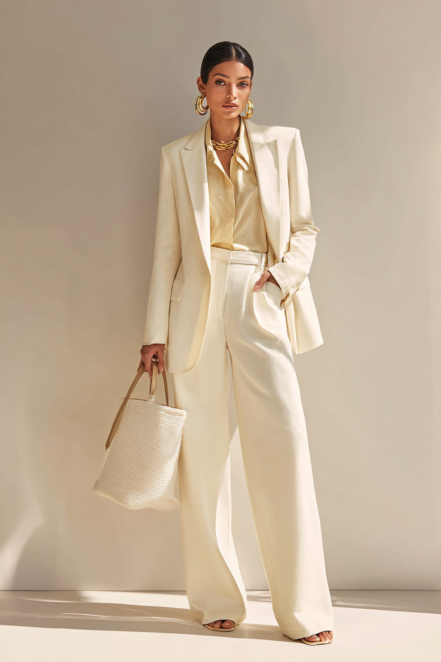 A luxurious ensemble featuring a fitted cream blazer over a soft silk blouse, paired with tailored wide-leg trousers in beige. Accessorized with gold hoop earrings and a classic tote bag, the model strikes an elegant pose in soft natural window light against a clean neutral backdrop. The color palette is cohesive and sophisticated. --ar 2:3 --v 7 --style raw