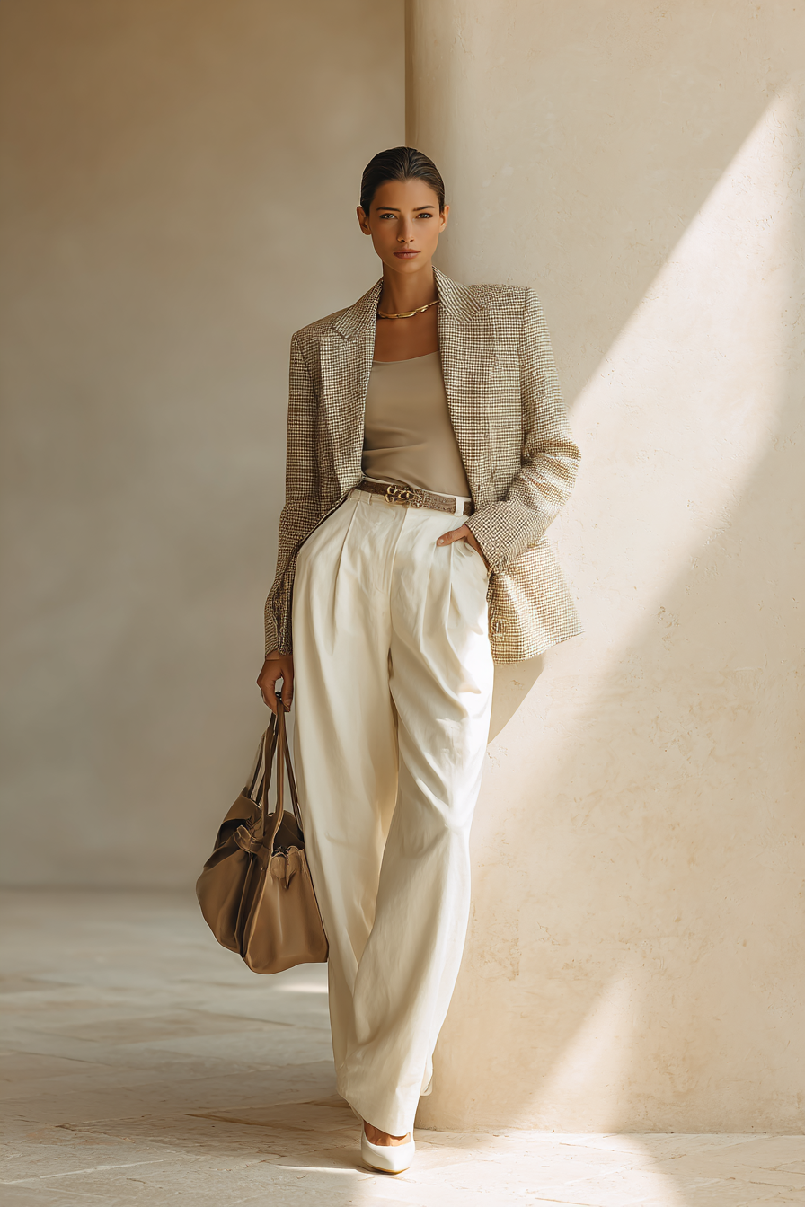 A full body model in a tailored beige blazer, elegant wide-leg trousers in cream, minimalist white heels, and a structured leather handbag, posed against a soft bokeh background with natural light filtering in. The outfit is sophisticated and understated, embodying European minimalist elegance --ar 2:3 --v 7 --style raw