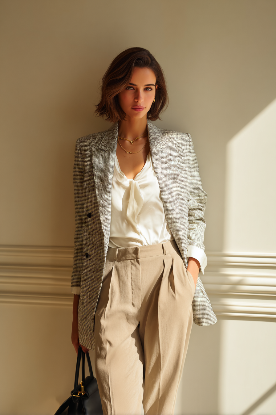 A full-body model in a structured light grey blazer over a fitted white blouse paired with tailored high-waisted trousers in a soft beige. Accessories include a delicate gold necklace and a chic black handbag. The model stands in an elegant pose with soft natural light from a window illuminating her. The background is a clean cream wall, creating a minimalist, sophisticated vibe --ar 2:3 --v 7 --style raw