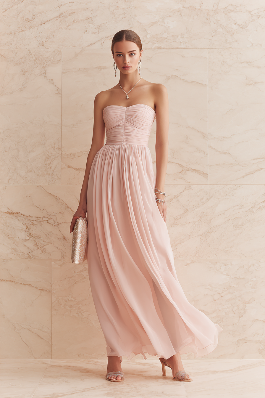 A sophisticated wedding guest look featuring a flowing, pastel blush maxi dress with delicate pleats and a structured bodice, paired with beige heeled sandals and a matching clutch.
