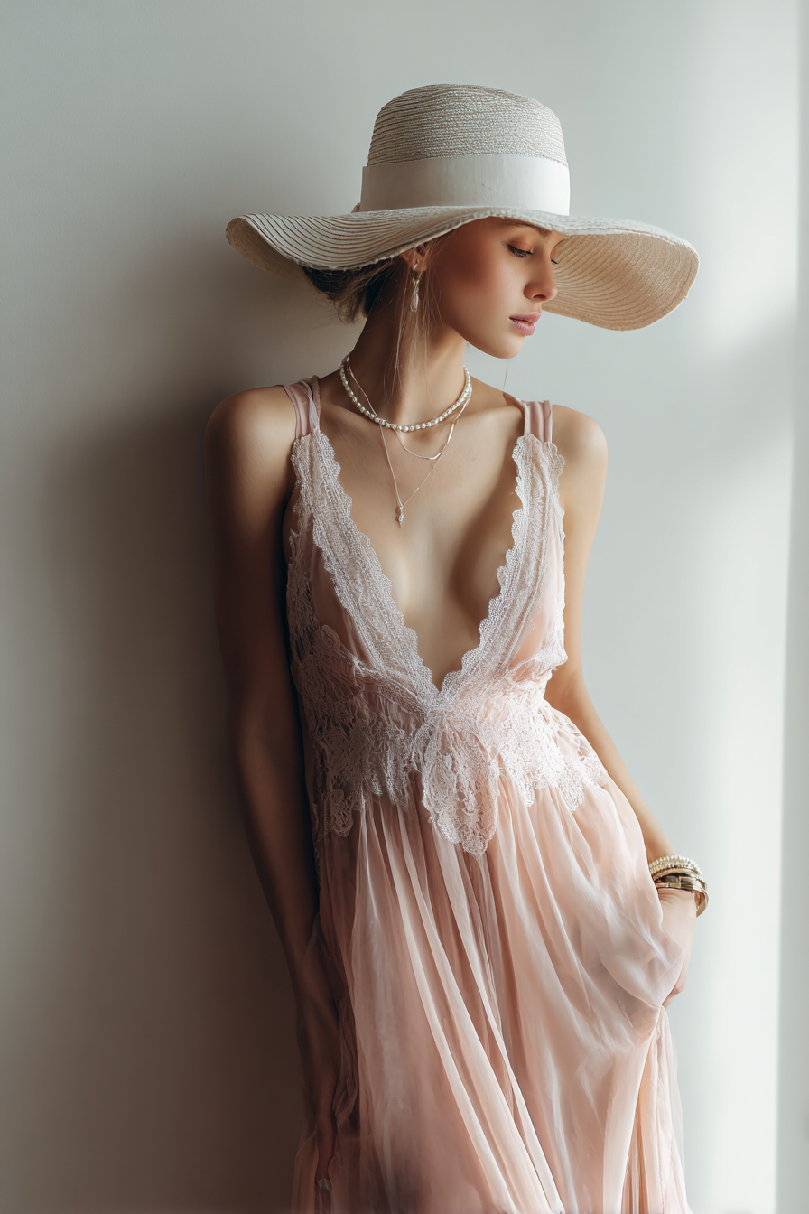 A fashion-forward woman in an elegant, flowing pastel maxi dress with delicate lace detailing, accessorized with a chic wide-brimmed hat and soft pearl jewelry. The color palette features soft pinks and creams, set against a minimal cream wall background, capturing an effortlessly elegant mood. --ar 2:3 --v 7 --style raw