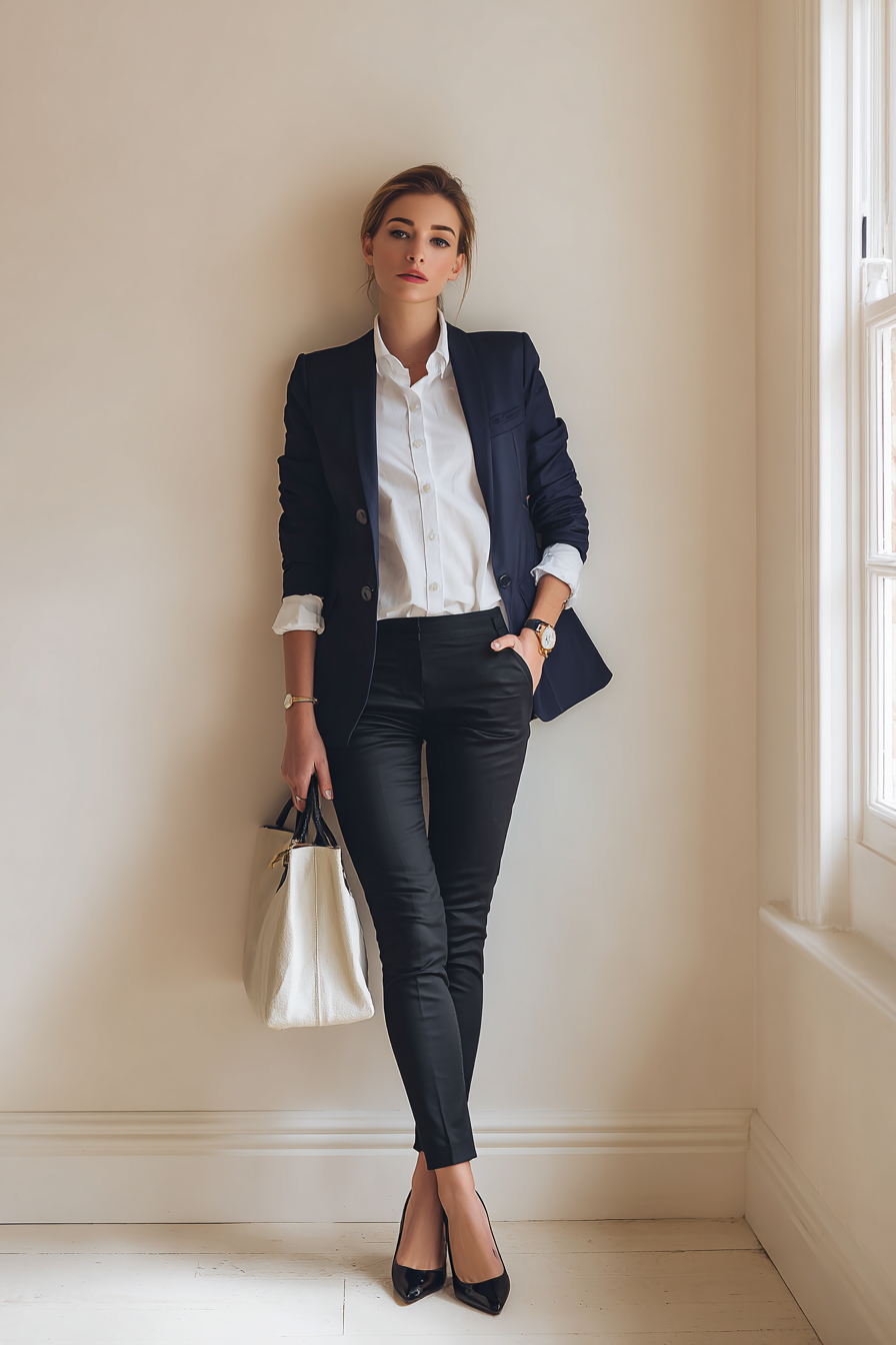 A sophisticated woman in a fitted navy tailored blazer over a crisp white shirt, paired with structured black trousers and elegant black pumps, accessorized with a minimalist silver watch and a simple leather tote bag, soft natural window light highlighting the outfit against a clean cream wall backdrop --ar 2:3 --v 7 --style raw