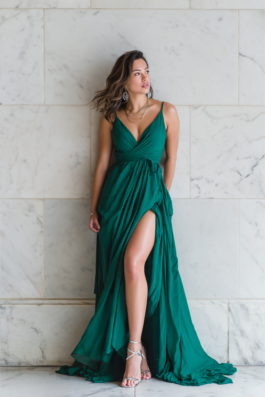 An elegant model in a flowing emerald green maxi dress, soft draping, paired with strappy silver heels and delicate silver jewelry, hair styled in loose waves, standing against a marble wall, soft natural light creating a dreamy glow --ar 2:3 --v 7 --style raw