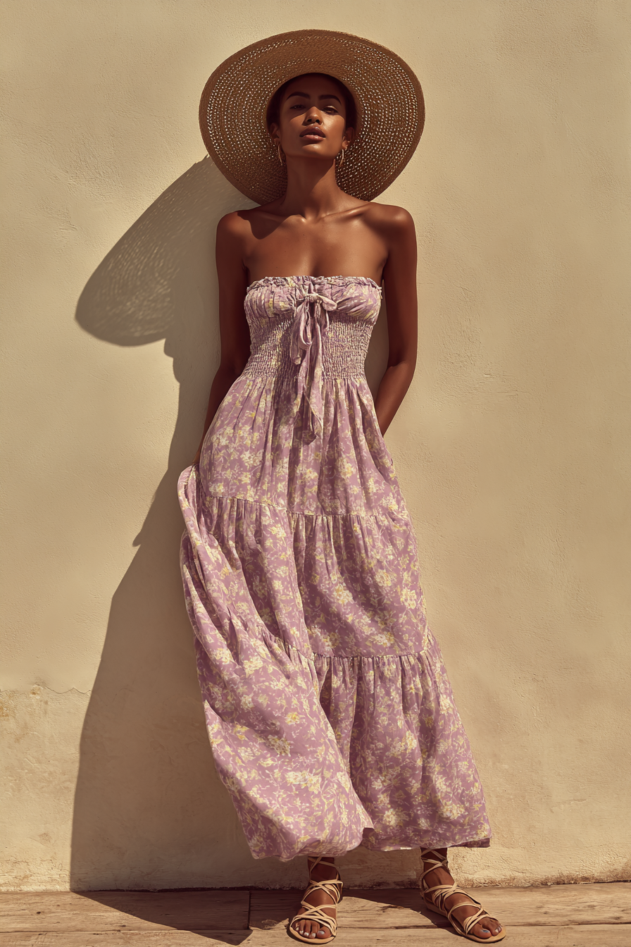A flowing maxi dress in soft lavender with delicate floral prints, paired with strappy beige sandals and a wide-brimmed hat. The model has a warm brown skin tone and stands elegantly against a cream wall, sunlight illuminating her glow. Perfect for a summer vacation look, vertical format --ar 2:3 --v 7 --style raw