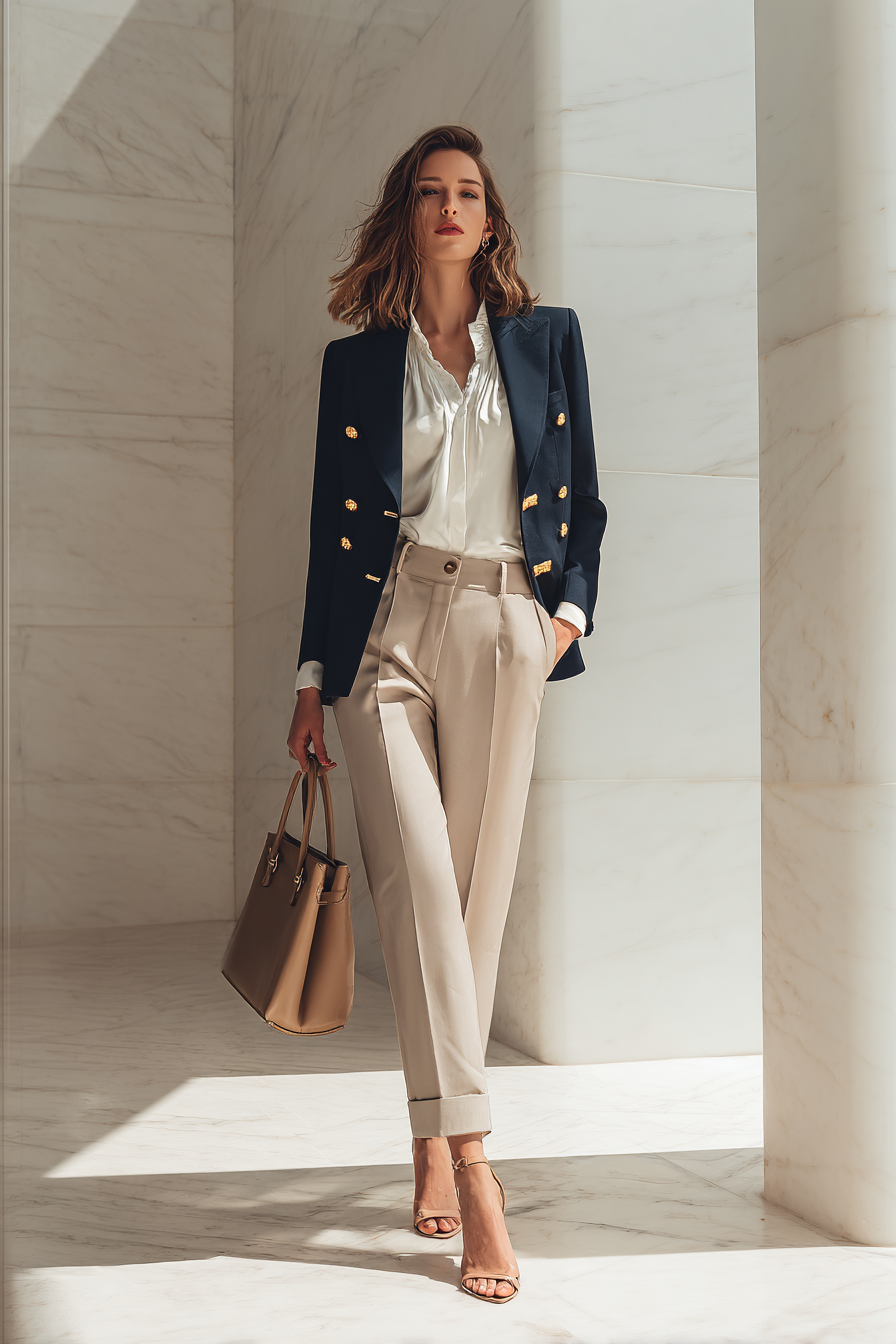 A full outfit showcasing a tailored navy blazer with gold buttons over a white silk blouse, paired with high-waisted beige trousers. Accented with a structured leather handbag and elegant strappy heels, the model stands in a minimalist marble setting, exuding an aura of effortless sophistication. Soft natural light highlights her refined look. --ar 2:3 --v 7 --style raw