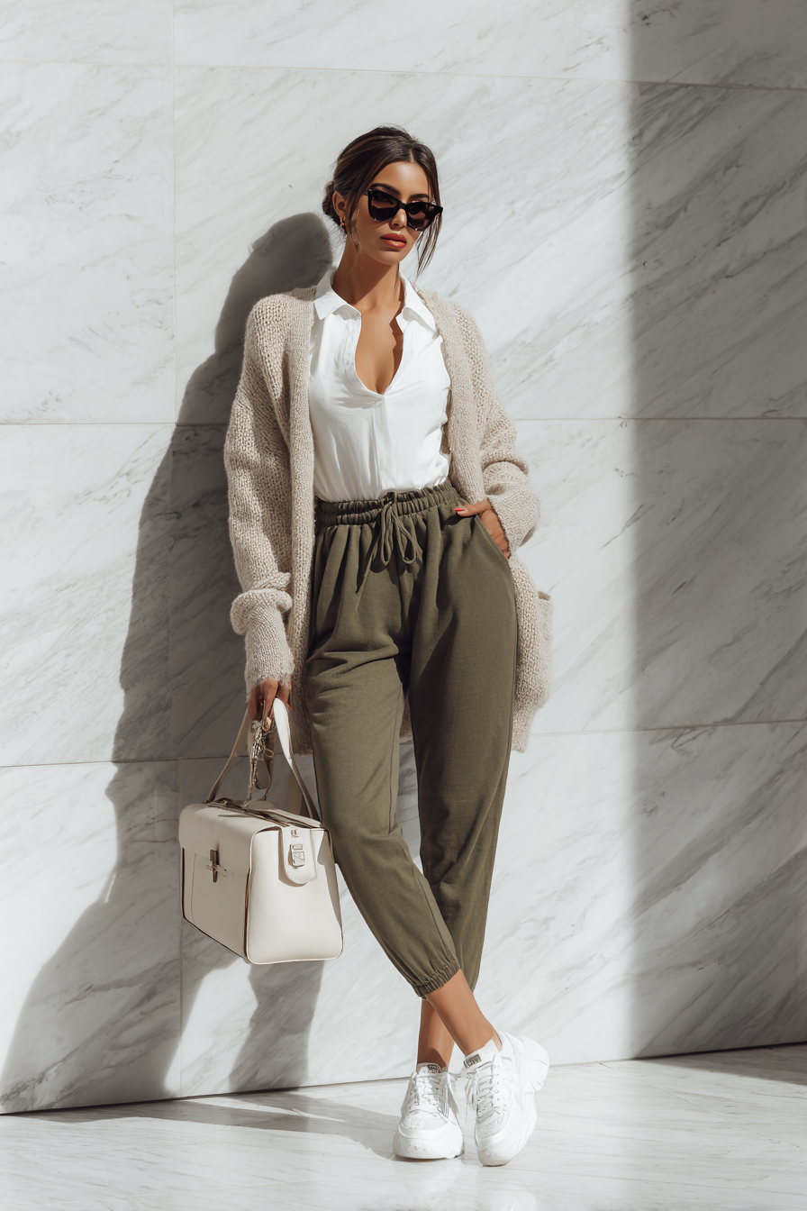 A stylish woman in tailored olive joggers, fitted white blouse, and a soft beige cashmere cardigan, accessorized with white sneakers and oversized sunglasses, posed elegantly in a minimal marble background, natural window light illuminating her outfit, creating an aspirational travel vibe --ar 2:3 --v 7 --style raw