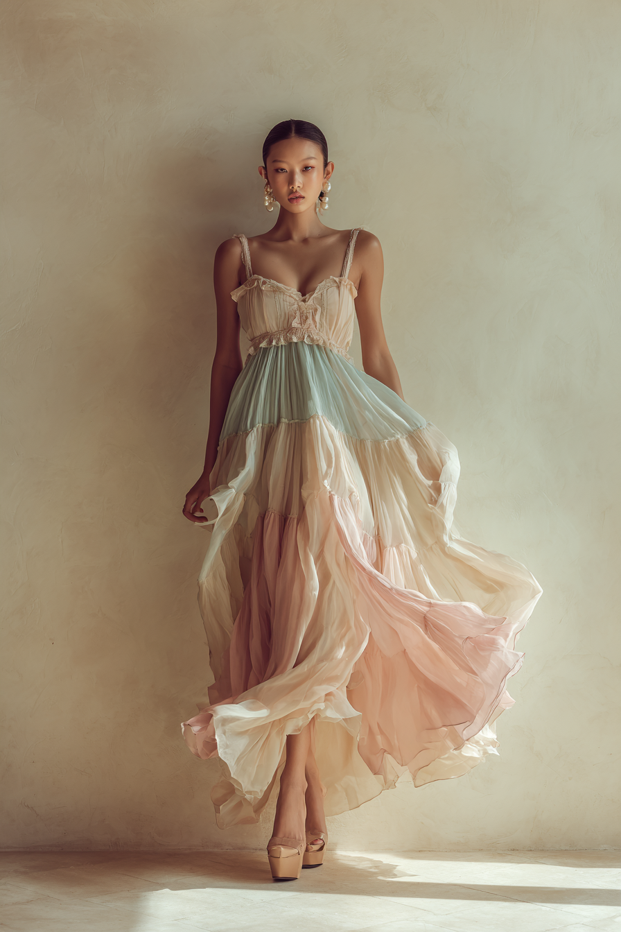 A model wearing a flowing pastel chiffon gown with delicate lace details, paired with beige block heels and understated pearl earrings, standing elegantly against a soft cream wall backdrop, illuminated by soft natural light, showcasing a sophisticated and aspirational mood --ar 2:3 --v 7 --style raw