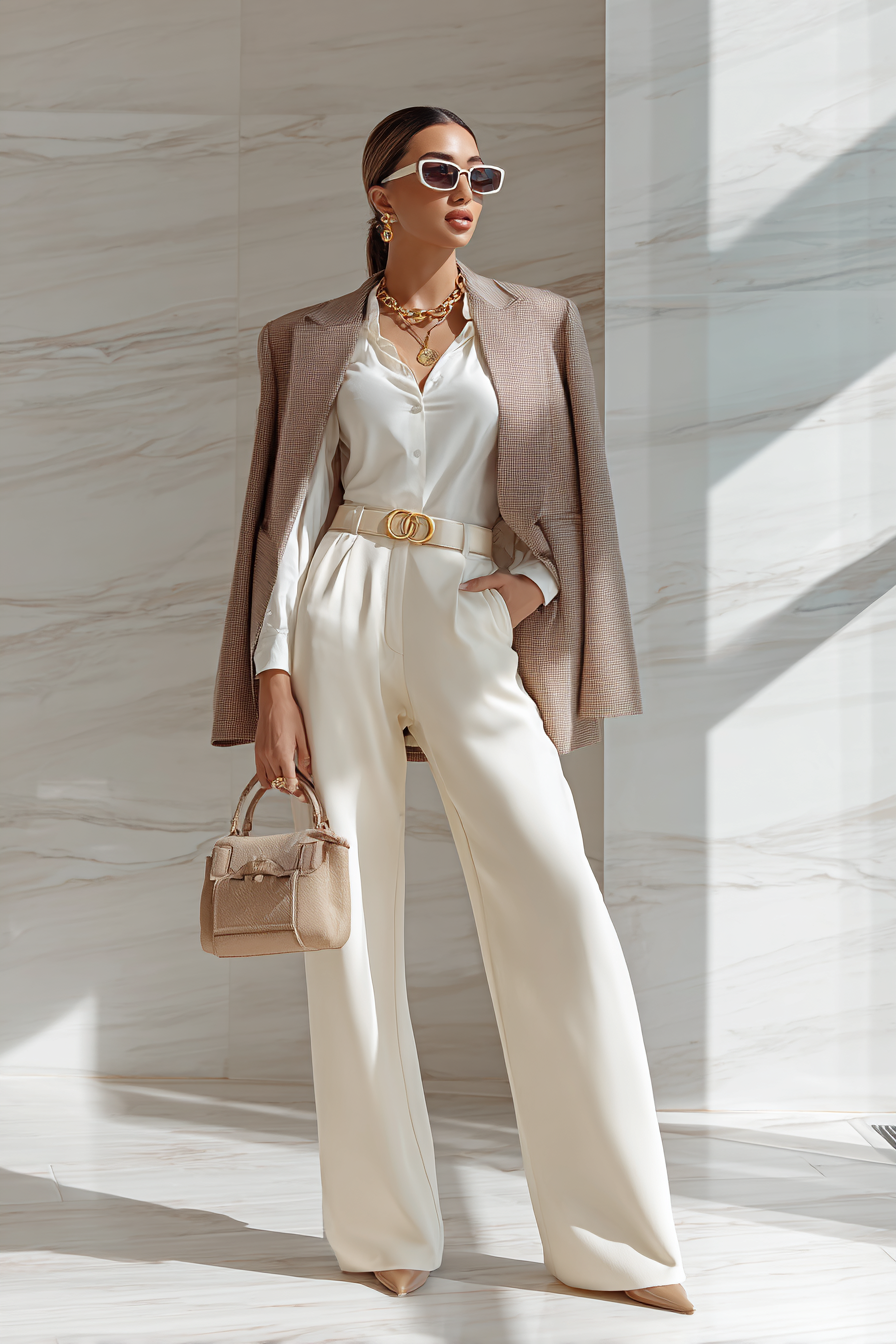 A stylish woman in cream wide leg trousers paired with a fitted white blouse and a taupe oversized blazer, accessorized with elegant gold jewelry and a sophisticated handbag, shot in soft natural window light against a minimal marble background --ar 2:3 --v 7 --style raw