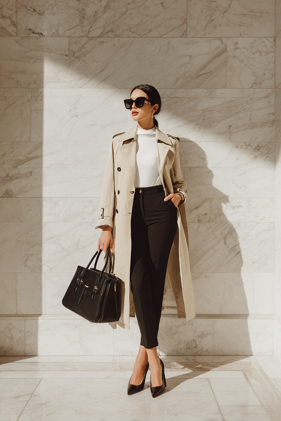 A woman wearing a beige trench coat over a fitted white blouse, paired with tailored black trousers and pointed-toe heels. The outfit is accessorized with a chic black handbag and oversized sunglasses. The model stands elegantly against a marble background, soft natural window light illuminates the scene, creating an aspirational mood.