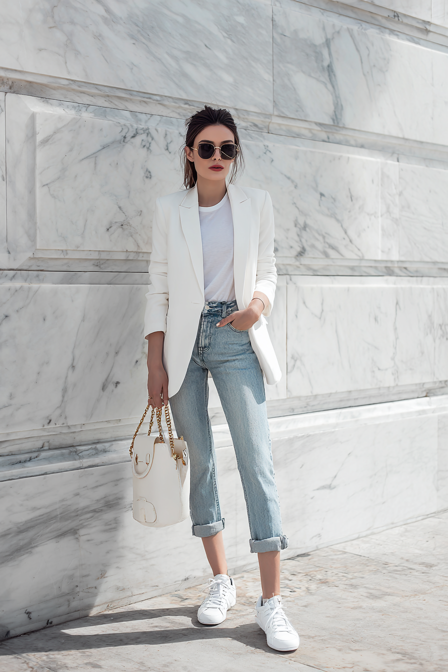 A fashionable woman in a tailored white blazer over a fitted white t-shirt, paired with relaxed, light-wash boyfriend jeans and crisp white sneakers. She accessorizes with a minimalist handbag and elegant sunglasses, set against a clean marble background with soft natural light --ar 2:3 --v 7 --style raw