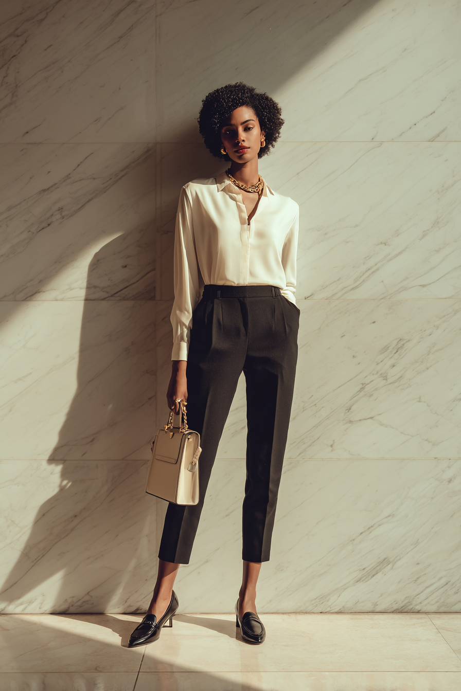 A stylish woman wearing tailored black trousers, an elegant cream fitted blouse, and chic loafers. She's accessorized with a minimalist gold necklace and a structured handbag. The setting features soft natural light against a marble wall, capturing a sophisticated atmosphere.