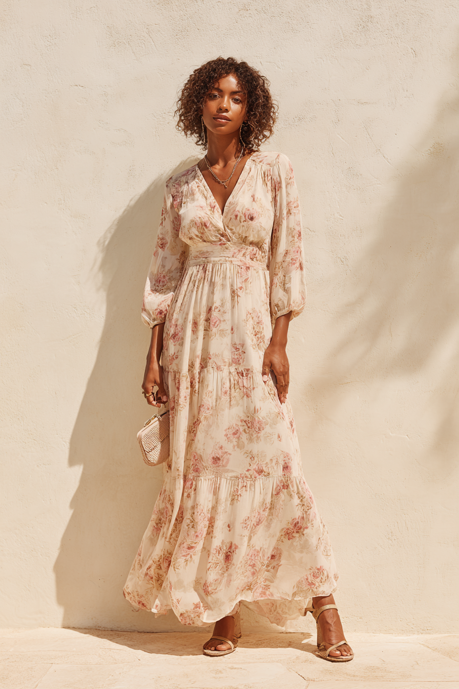 A full-length elegant maxi dress in a soft blush tone, featuring a flowy silhouette and delicate floral patterns. Paired with strappy beige sandals and a matching clutch. Model with warm brown skin in a relaxed pose, standing against a cream wall. Soft natural light highlights the dress's fabric.