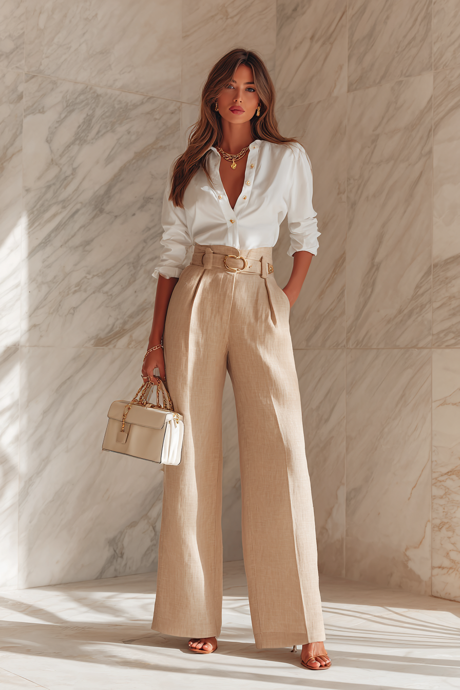 A fashion-forward woman in elegant beige linen wide-leg pants paired with a fitted white silk blouse and tan strappy sandals. She accessorizes with a minimal gold pendant necklace and carries a chic cream handbag. Soft natural window light illuminates her with a neutral marble background, capturing effortless elegance.