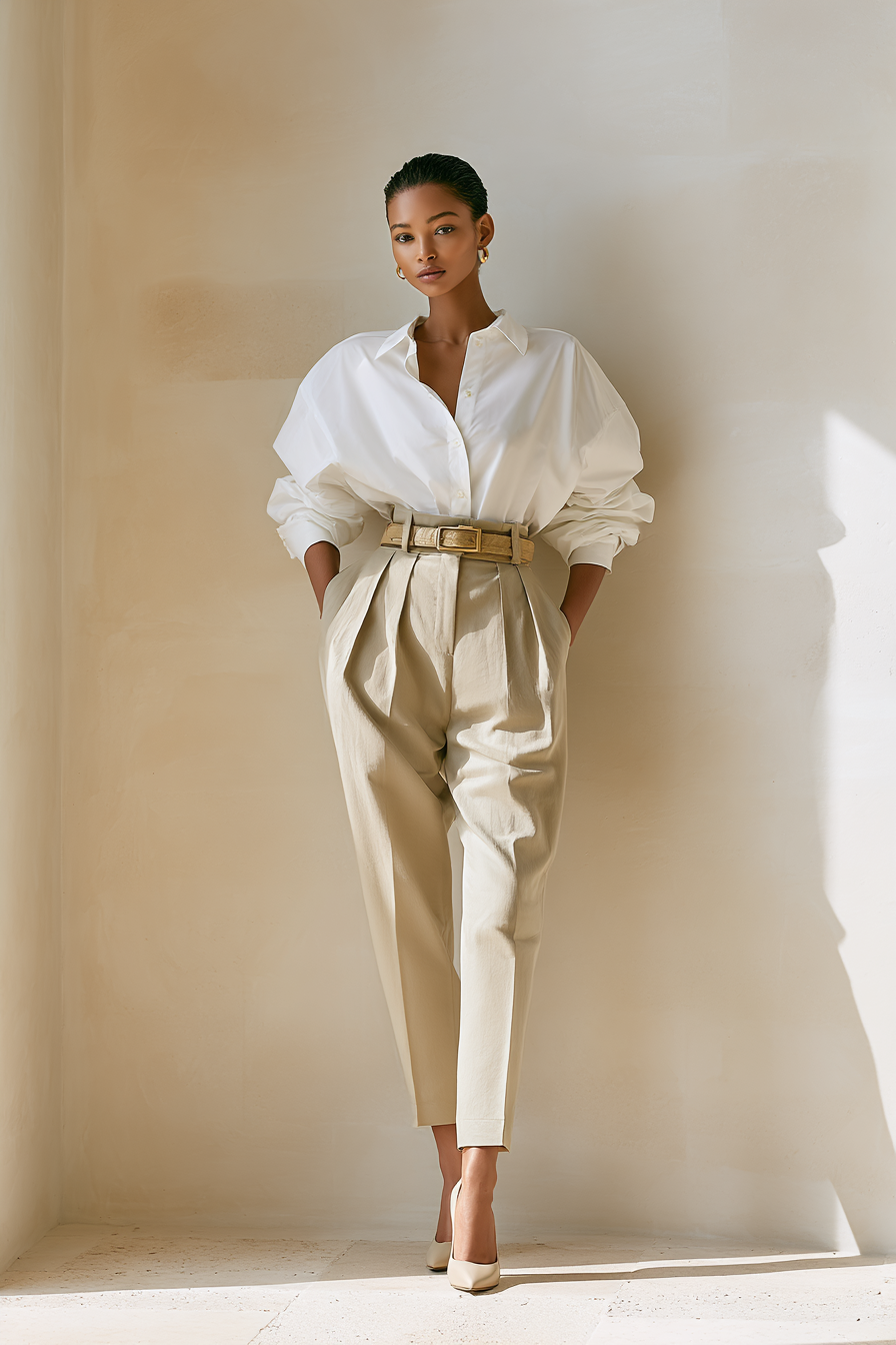 A model in an oversized white shirt tucked into high-waisted tailored beige trousers, paired with elegant beige heels and a minimalist belt, standing confidently against a soft cream wall with natural window light
