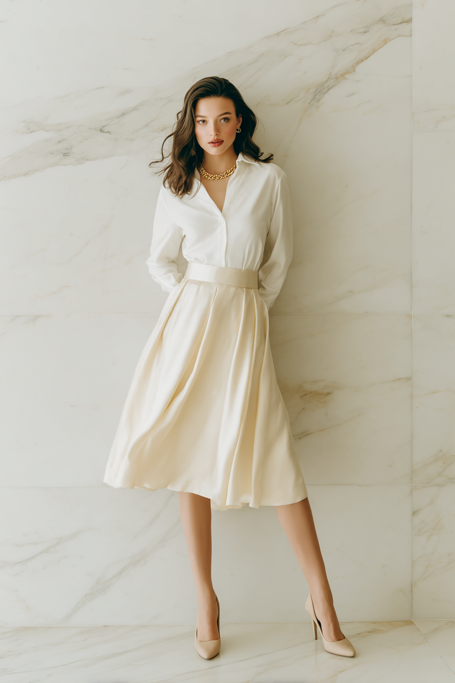 A stunning woman wearing a flowing cream silk skirt paired with a fitted white blouse and accessorized with a delicate gold necklace. The look is completed with elegant beige heels. She stands gracefully in soft natural light against a minimal marble background. The color palette is soft and cohesive, exuding effortless elegance.