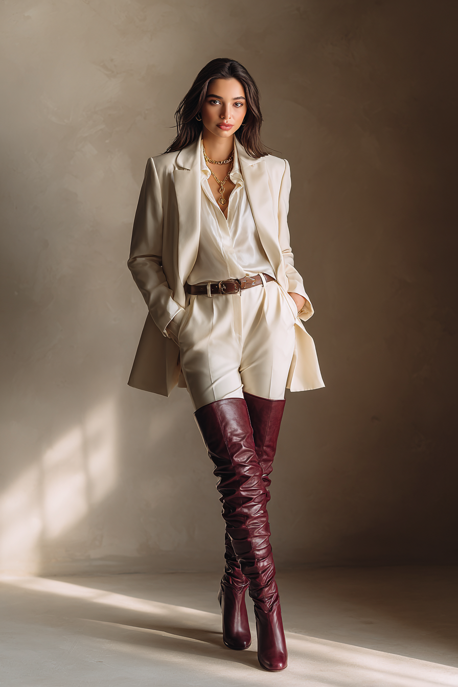A full-body portrait of a woman wearing elegant knee high leather boots in deep burgundy, paired with a tailored cream blazer and a fitted white blouse. She stands confidently against a soft bokeh background, bathed in natural window light, showcasing the sophisticated color palette. The outfit is stylishly completed with minimalistic gold accessories --ar 2:3 --v 7 --style raw