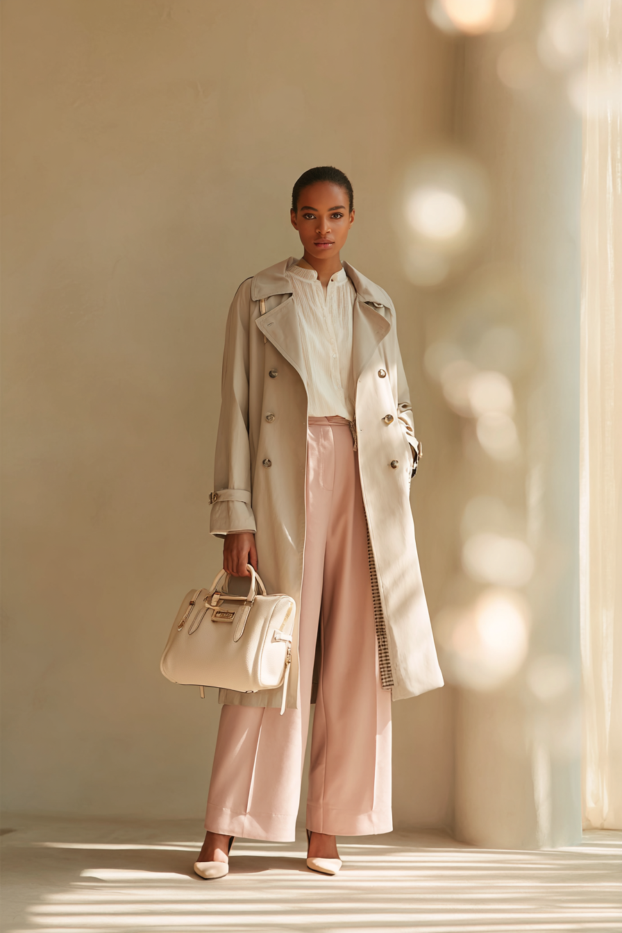 A fashionable woman standing in a sunlit room wearing a tailored light beige trench coat over a soft white blouse and pastel pink wide-leg trousers. She accessorizes with a structured cream handbag and elegant beige heels. The background features a neutral cream wall with soft bokeh lighting, creating an inviting atmosphere. --ar 2:3 --v 7 --style raw