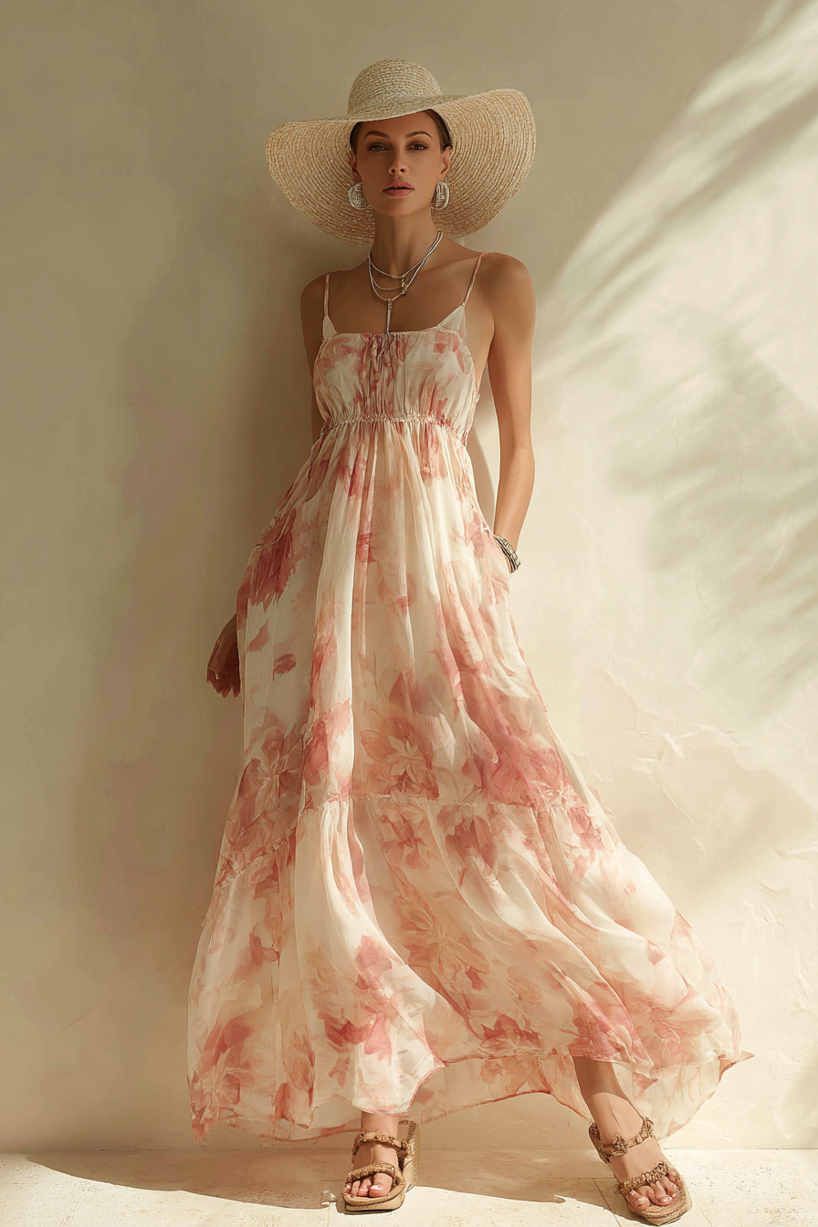 A fashion-conscious woman wearing a flowing, pastel-colored maxi dress with delicate floral prints, paired with strappy wedge sandals. The look is accessorized with a wide-brimmed straw hat and minimalist jewelry. The model stands elegantly in natural window light, against a soft cream wall background, embodying a luxurious, effortless summer vibe --ar 2:3 --v 7 --style raw