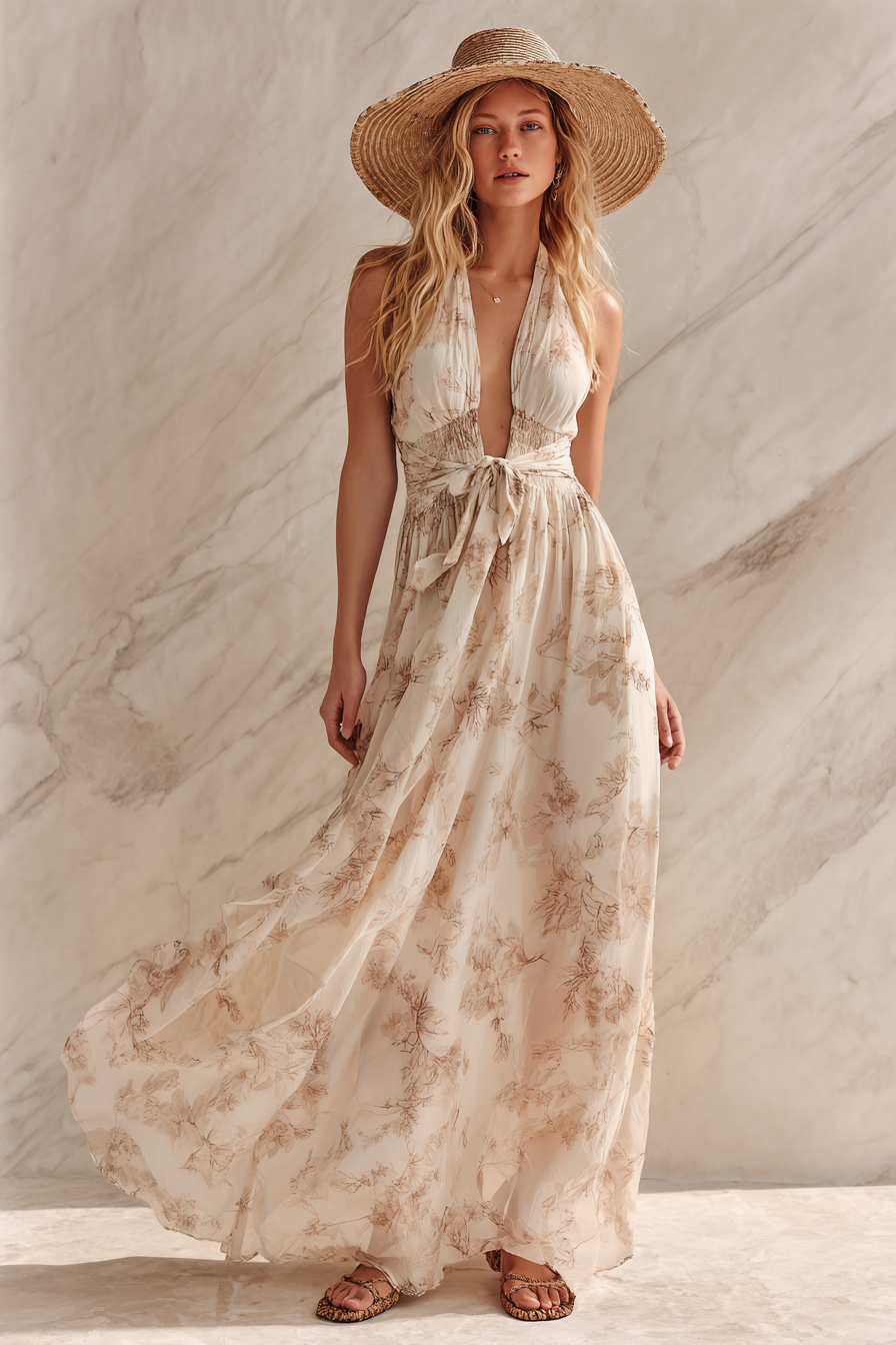 A woman wearing a flowy, lightweight maxi dress in a soft pastel color with delicate floral patterns, paired with woven sandals and a wide-brimmed straw hat. The model stands gracefully against a marble backdrop, with soft natural light illuminating her elegant pose. --ar 2:3 --v 7 --style raw