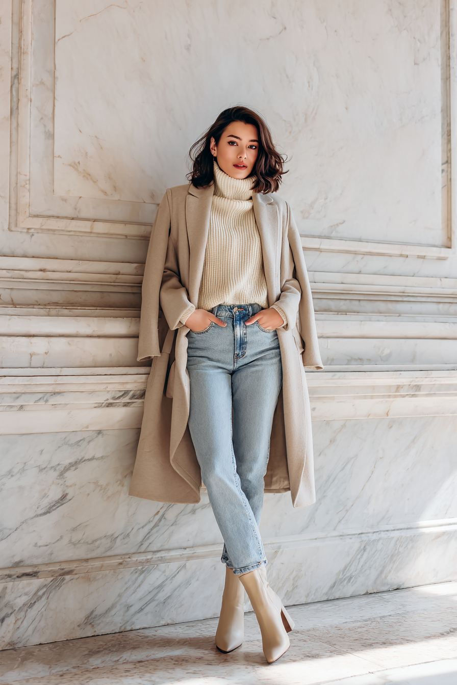 An elegant woman wearing a beige tailored coat over a cream cashmere sweater and high-waisted light blue jeans, styled with classy ankle boots and a soft scarf, standing gracefully against a marble wall with soft natural light illuminating her look --ar 2:3 --v 7 --style raw