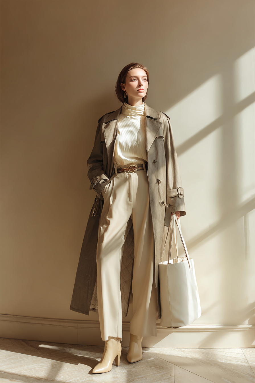 A stylish woman in a tailored trench coat layered over a fitted blouse, paired with wide-leg trousers in soft beige, chic ankle boots, and a minimalist tote bag. The scene is illuminated with soft natural window light against a cream wall background, presenting a luxurious and elegant vibe --ar 2:3 --v 7 --style raw