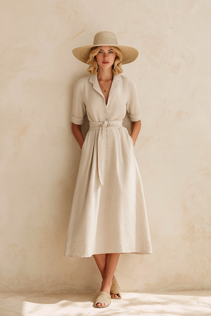 A full-body shot of a woman wearing a lightweight linen midi dress in soft beige, paired with elegant espadrille wedges and a minimalist straw hat. She stands elegantly against a cream wall, with soft natural light highlighting her features and the fabric's texture, creating an aspirational and luxurious feel. --ar 2:3 --v 7 --style raw