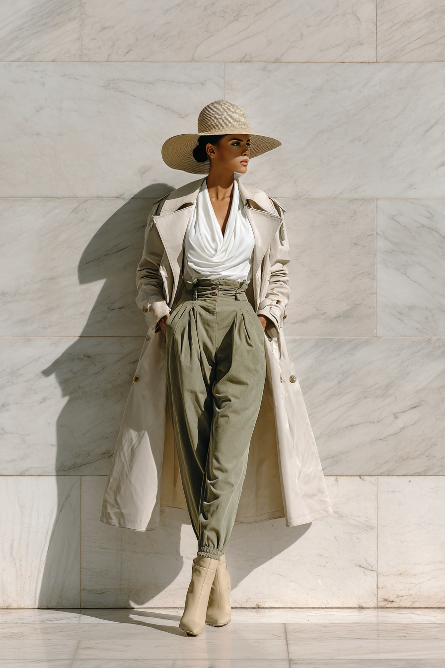 A sophisticated woman in a tailored, light beige trench coat over a crisp, white fitted blouse and high-waisted, structured olive green trousers. She accessorizes with a wide-brimmed beige hat and elegant beige ankle boots. Soft natural window light illuminates her against a neutral marble wall background creating an aspirational mood --ar 2:3 --v 7 --style raw