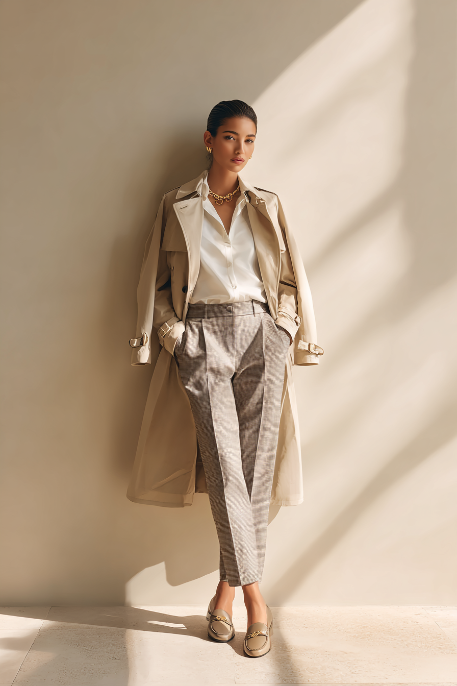 A fashion-forward woman in a tailored beige trench coat over a fitted white blouse, paired with high-waisted tailored trousers in soft gray. She's wearing elegant loafers and a minimal gold necklace, posing gracefully against a cream wall with soft natural light highlighting her warmth.