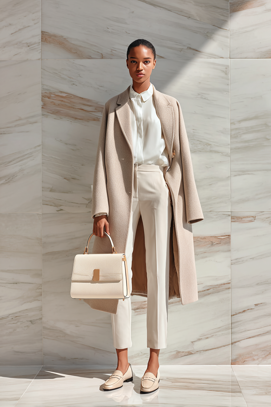 A full body shot of a woman in an elegant beige tailored coat, paired with a fitted white blouse and tailored trousers, complemented by a minimalist cream handbag and stylish loafers. The background is a clean marble wall with soft natural light, creating an aspirational mood.